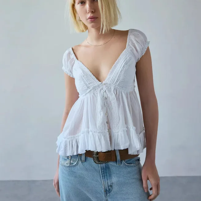 

Новая женская летняя блузка 2026: Нежная кружевная рубашка в стиле принцессы для студенток, домашняя элегантная блузка с французским кружевом