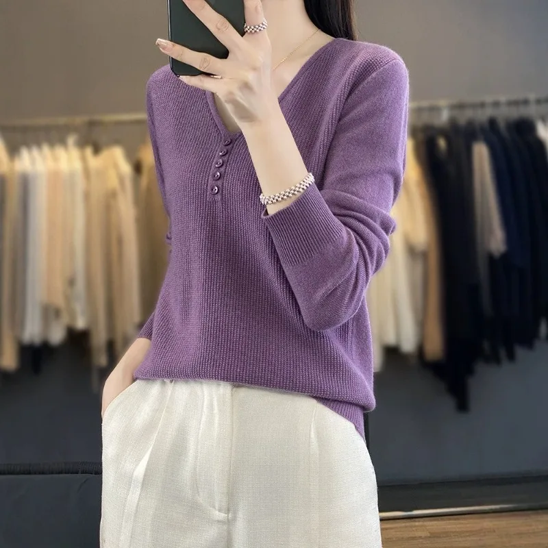 Women's Clothing V Neck Button Knit Sweaters Long Sleeve Tops Autumn Winter Fashion Solid Color Basic Casual Pullover Jumpers