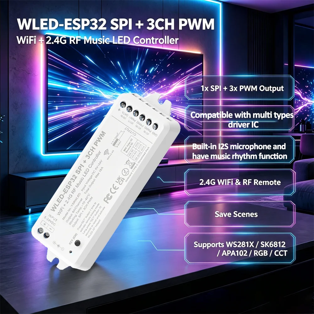 WLED ESP32 WiFi LED Dimmer 24V SPI COB RGBIC LED Strip Light Pixel WS2811 Addressable Dream Color Dimmable FOB Light with Remote