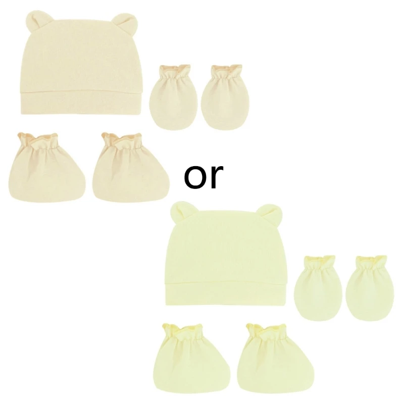 

3 Pcs/Set Solid Color Baby Anti Scratching Soft Cotton Foot Cover Gloves Hat Set
