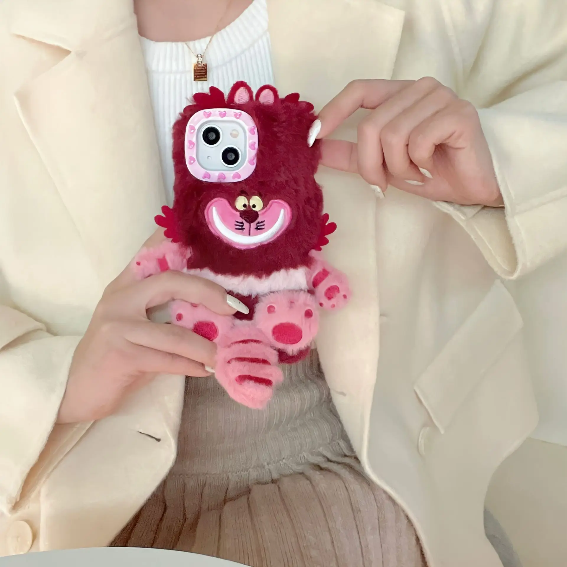 Cartoon Cute Plush Strawberry Cat Phone Case for iphone11 12 13 14 15 16 Promax Shockproof Protective Cover Gift