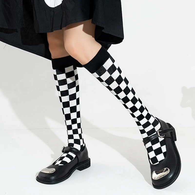 Square Chessboard pattern Black White ins fashion Knee socks women Party Queen knee-high stockings Over Knee long ladies girls