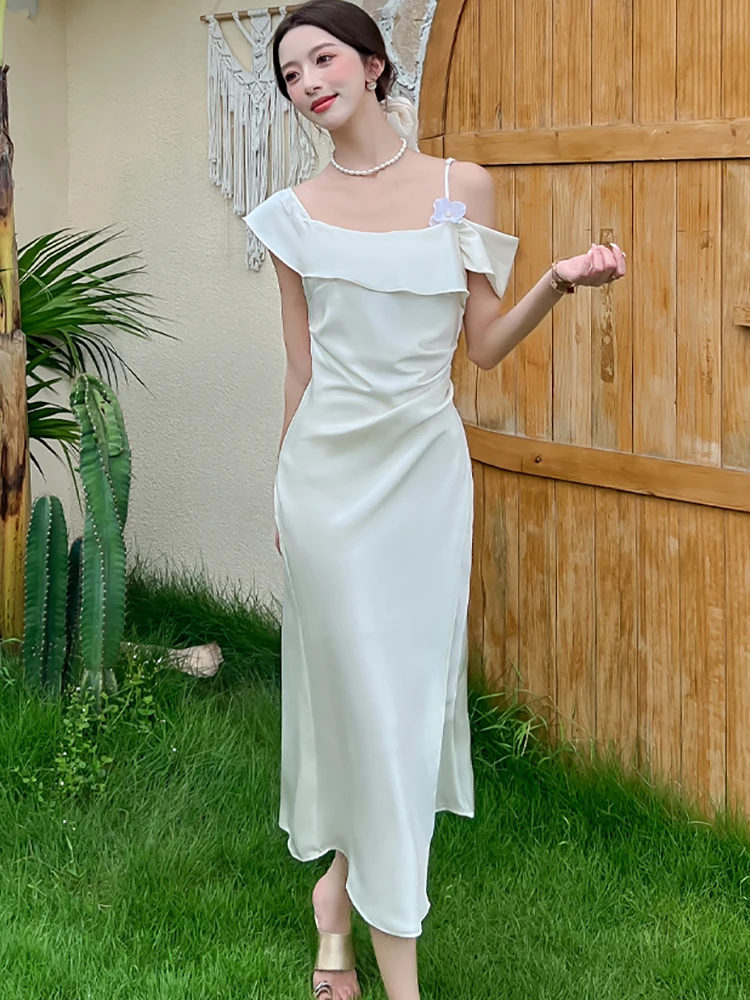 レディース ピンク サテン シック オフショルダー セクシー スリング ドレス 2025 エレガント ラグジュアリー インターナショナル ドレス サマー 韓国 ボディコン イブニングドレス