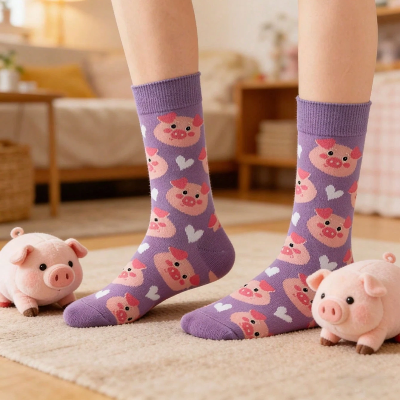 1 Pair Crew Socks With Cute Pig In Pink Spring Summer Comfortable Breathable Moisture-Wicking, Interesting Novelty