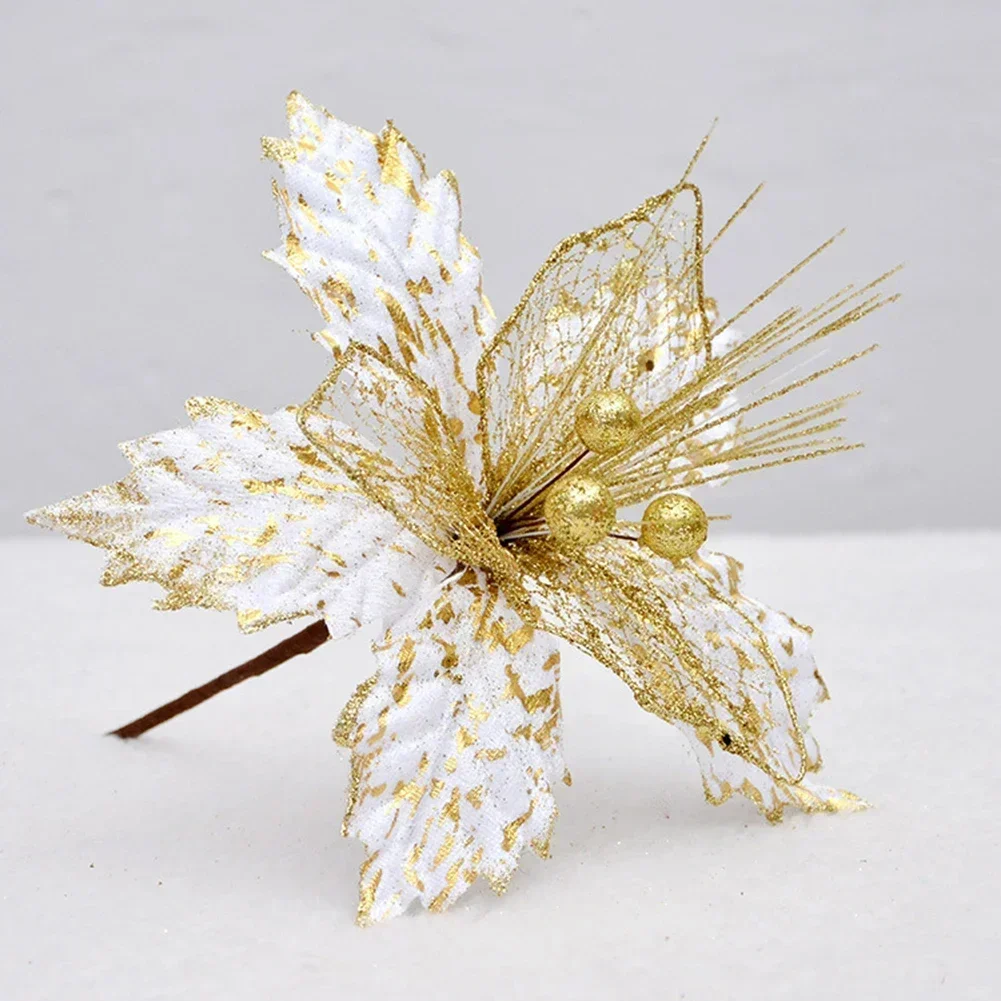 1PC 22cm Glitter Gold Red Christmas Flower Artificial Poinsettia Flower Head Xmas Tree Decoration Home New Year Navidad Gift