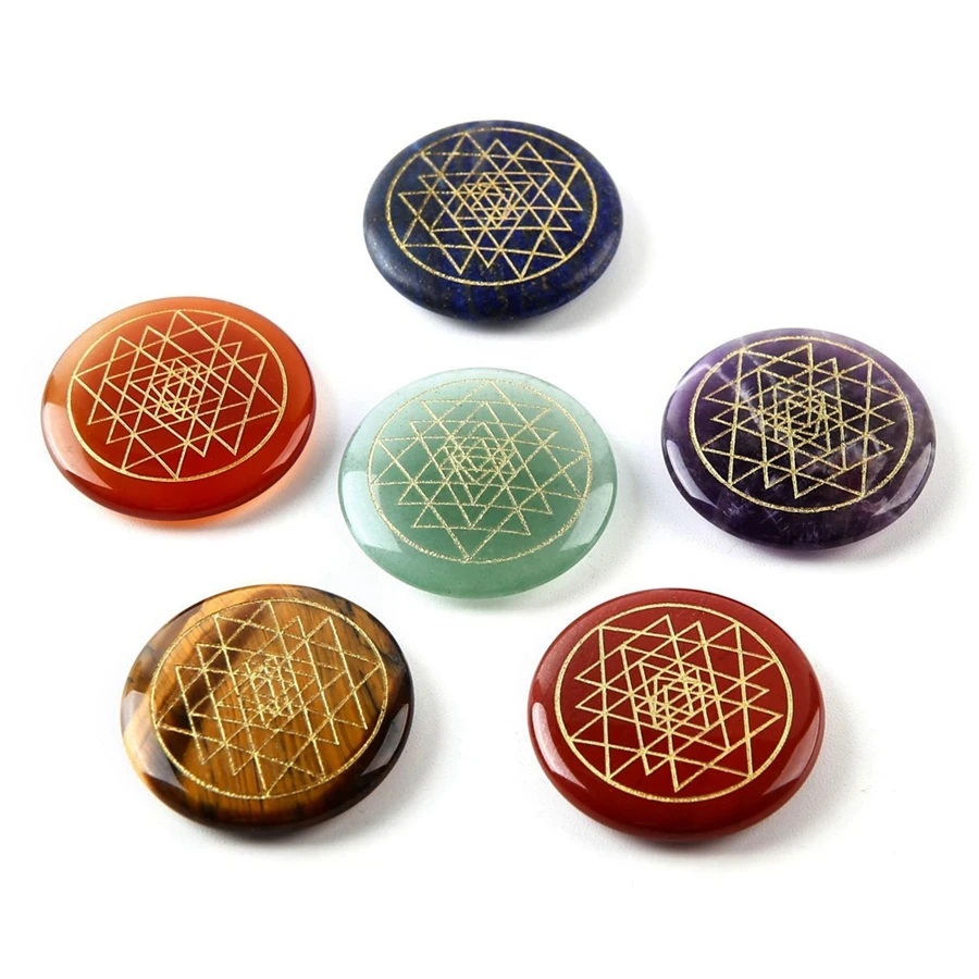 Natural Crystal 7-color Chakras Ornament Engrave Geometric Triangle Pattern Sri Yantra Yoga Reiki Meditation Prop Home Decorate