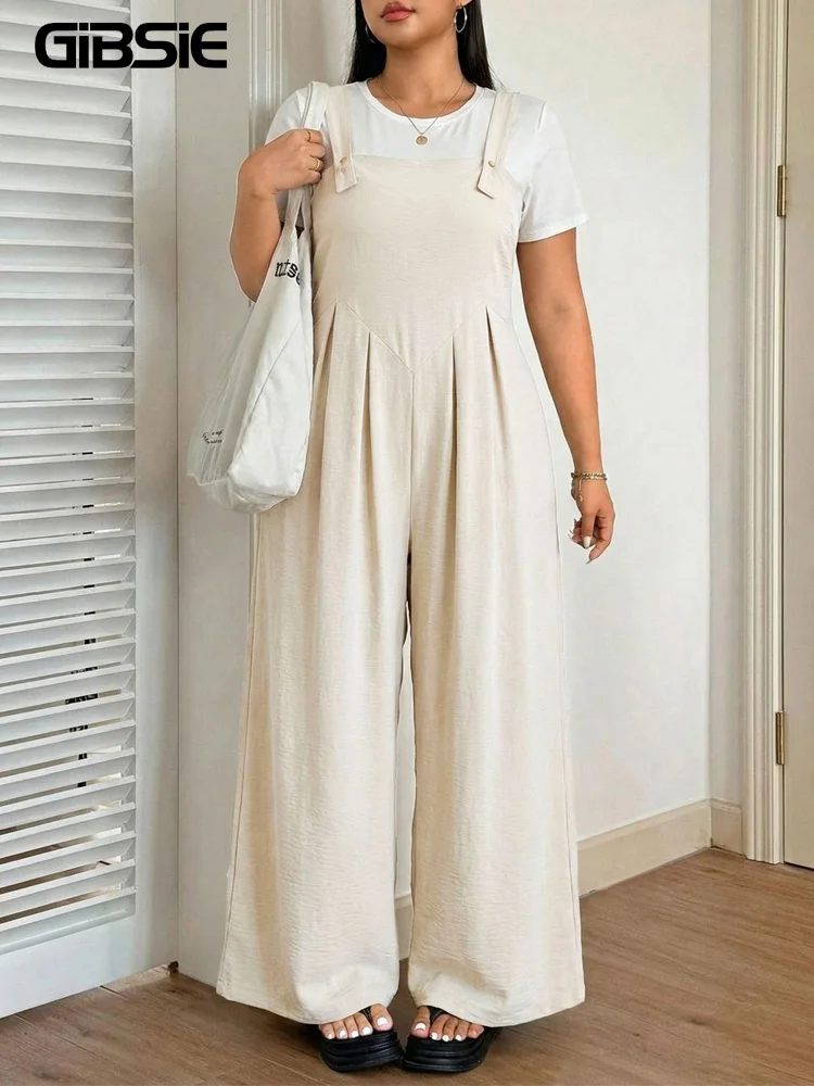 

GIBSIE Plus Size Solid Pleated Overall Jumpsuit Women Summer Sleeveless Vacation Casual Loose One Piece Female Wide Leg Jumpsuit