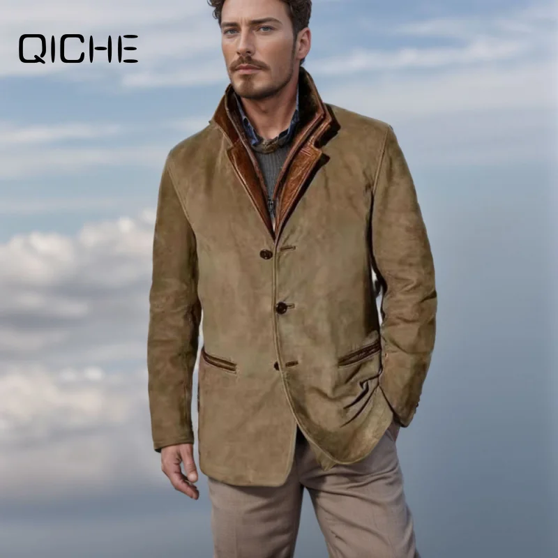 QICHE Men Clothing 2026 Spring Autumn Vintage Lapel Jacket, Color Block Patchwork Casual Outerwear, Male Clothes