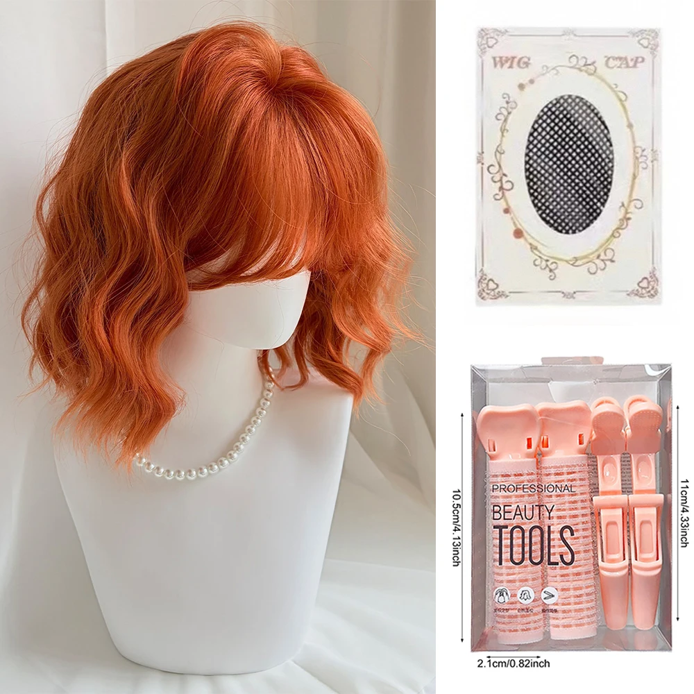 Picture 6: Short Wavy Orange Wig with Bangs 12inch Curly Hair Lolita High Quality Synthetic Wigs for Women Daily Cosplay Wig Heat Resistant