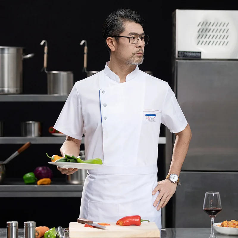 

Рабочая одежда для поваров, мужская, с короткими рукавами, летняя, тонкая, дышащая униформа для предприятий общественного питания, гостиниц, столовых, ресторанов, кухонь и др.