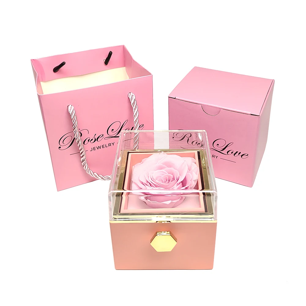 360 Degree Rotatable Preserved Real Rose Ring Box Necklace Jewelry Valentine Forever Roses Storage Case for Women Girlfriend