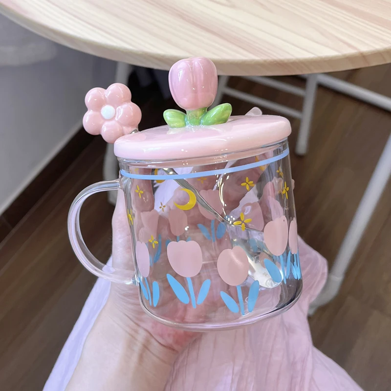 كوب زجاجي من Ins Sle مع غطاء وملعقة للنساء كوب الإفطار ذو قيمة جمالية عالية مقاومة للحرارة قرد مستدير مصنوع في الصين #1