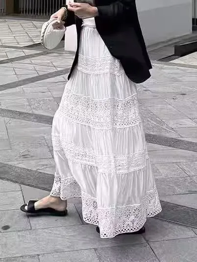 

Новая элитная осенняя белая юбка для женщин, французская мода, кружевные лоскутные длинные юбки с высокой талией, элегантный хлопок Jupe