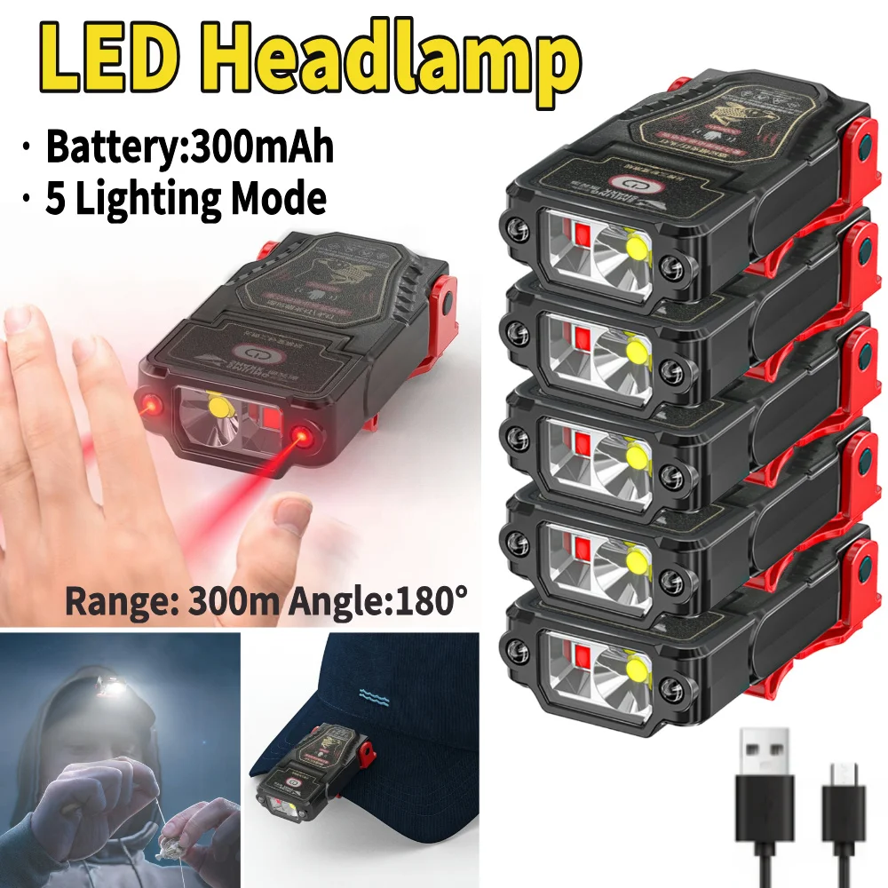 LED Headlamp Adjustable Angle Hat Cap Clip Lights Fishing Headlamp Type-C Rechargeable Waterproof Outdoor Emergency Headlight