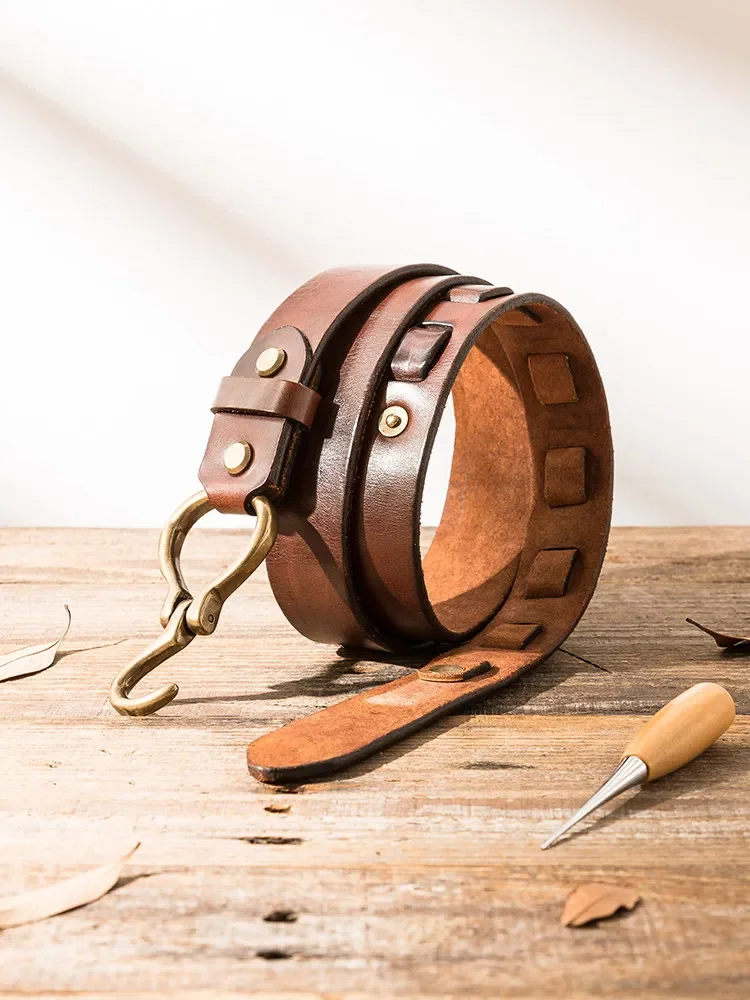 

American retro handmade leather cowhide belt with old pure copper buckle