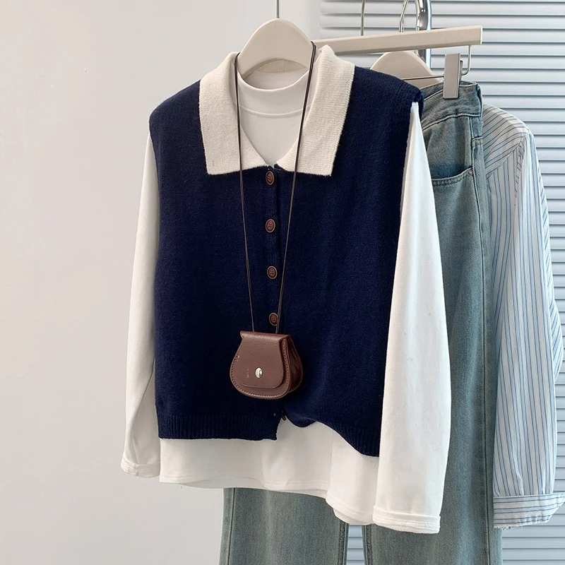 

No-Sve Color Blo Knitted Vest ort Pants Autumn Winter Layering oulder Pad Vest Doll Collar Single Button Versatile Top