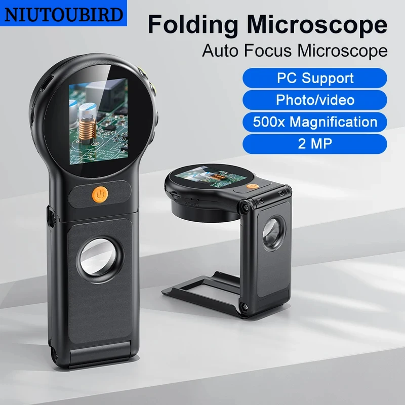 Autofocus 500X Digital Microscope with 8leds 2MP Coin Video Microscopes Foldable Magnifying Glass 2Inch for Electronics Repair