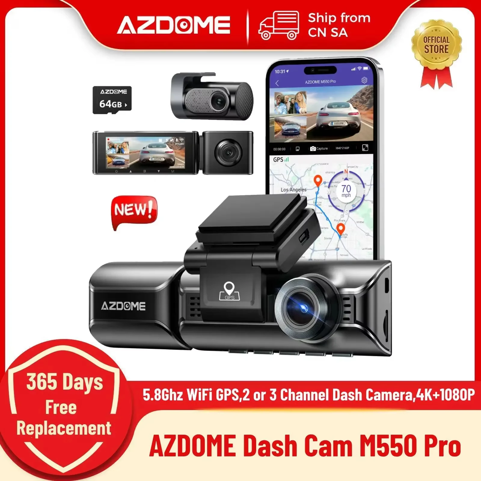 AZDOME M550 Pro Dashcam Auto DVR 5,8 GHz WiFi 3,19" IPS 2 oder 3 Kanal Dash Kamera GPS Nachtsicht