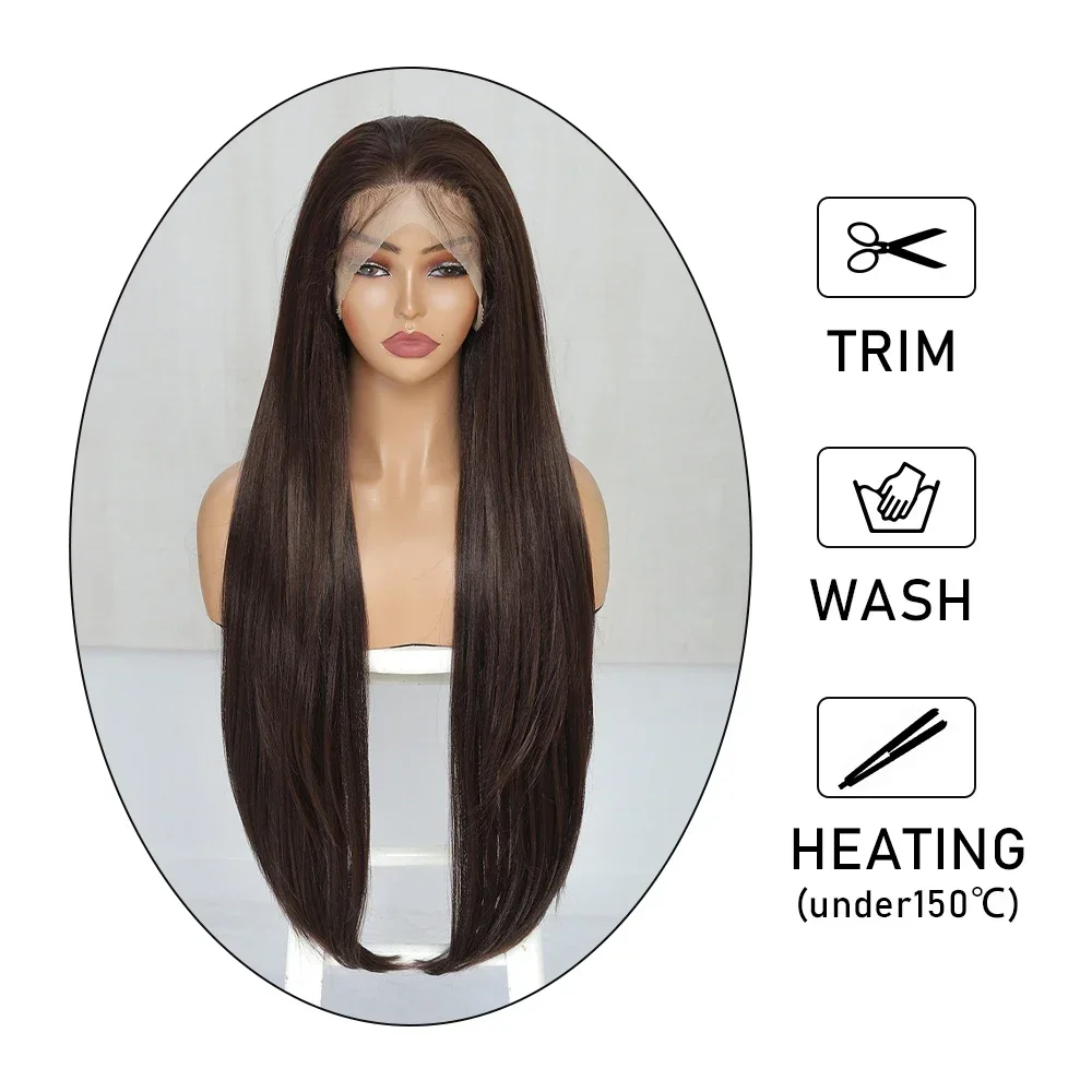 X-TRESS Brown Lace Frontal Synthetic Wigs for Black Women 32 Inch Pre Plucked Long Straight 13x4 Lace Frontal Wig with Baby Hair