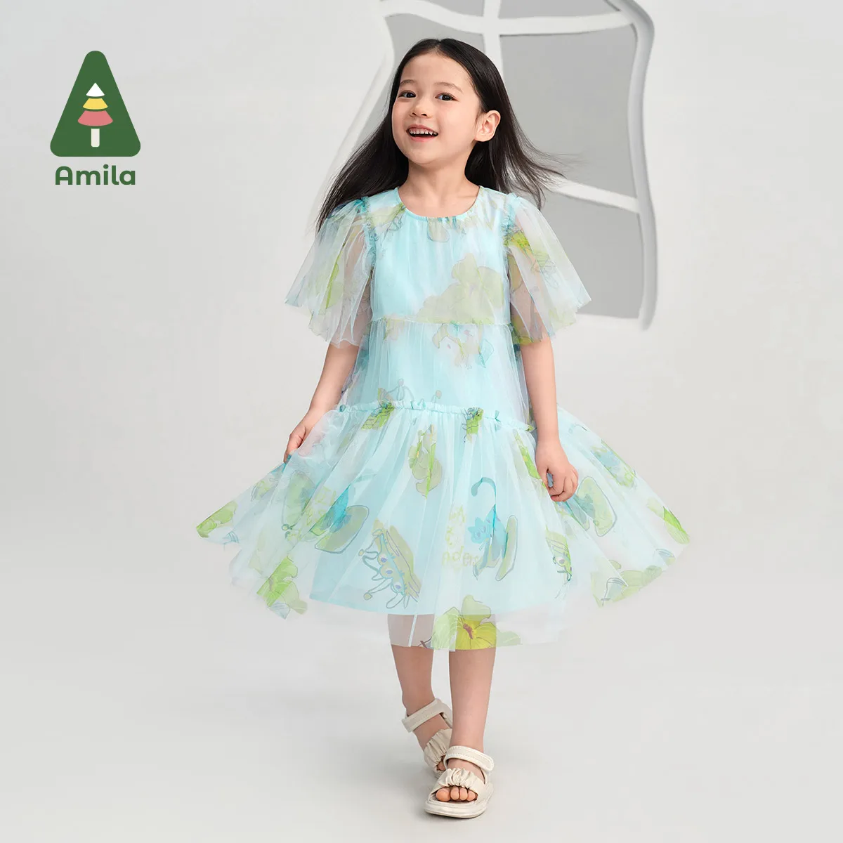 Amila2024 Summer New Girls\' Gauze Dress Romantic Literary Wind Fairy Elegant Elegant Dress Children\'s Clothing