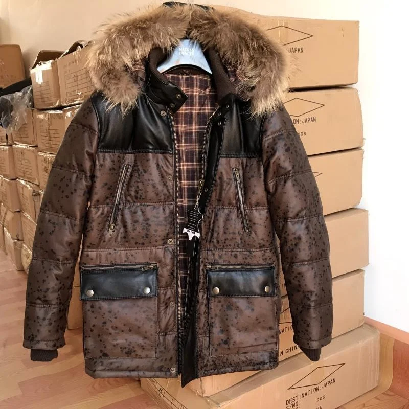 leather 100% genuine fur coat men jacketJapan Trading Company Winter New! Cold proof outer skin down jacket, real collar, Ameri