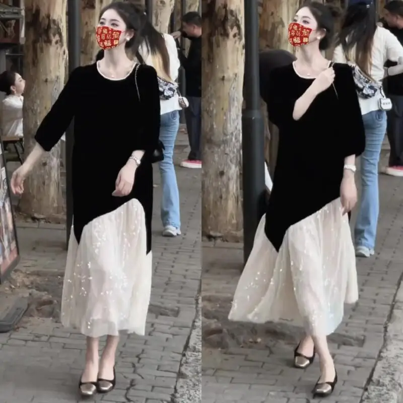 2026년 신모델 스타일리시 고급 플러스 사이즈 스팽글 메쉬 스플라이싱 센세이셔널 럭셔리 기품을 보여주는 점프수트 스커트