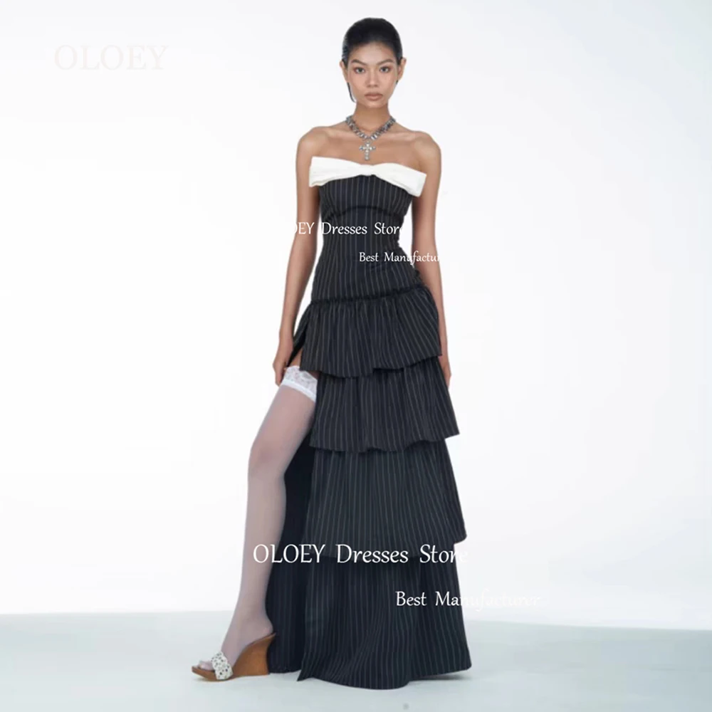 

OLOEY Modern Strapless Evening Dresses Tiered Satin A-Line High Slit Floor Length Party Dresses Prom Dress Custom Made