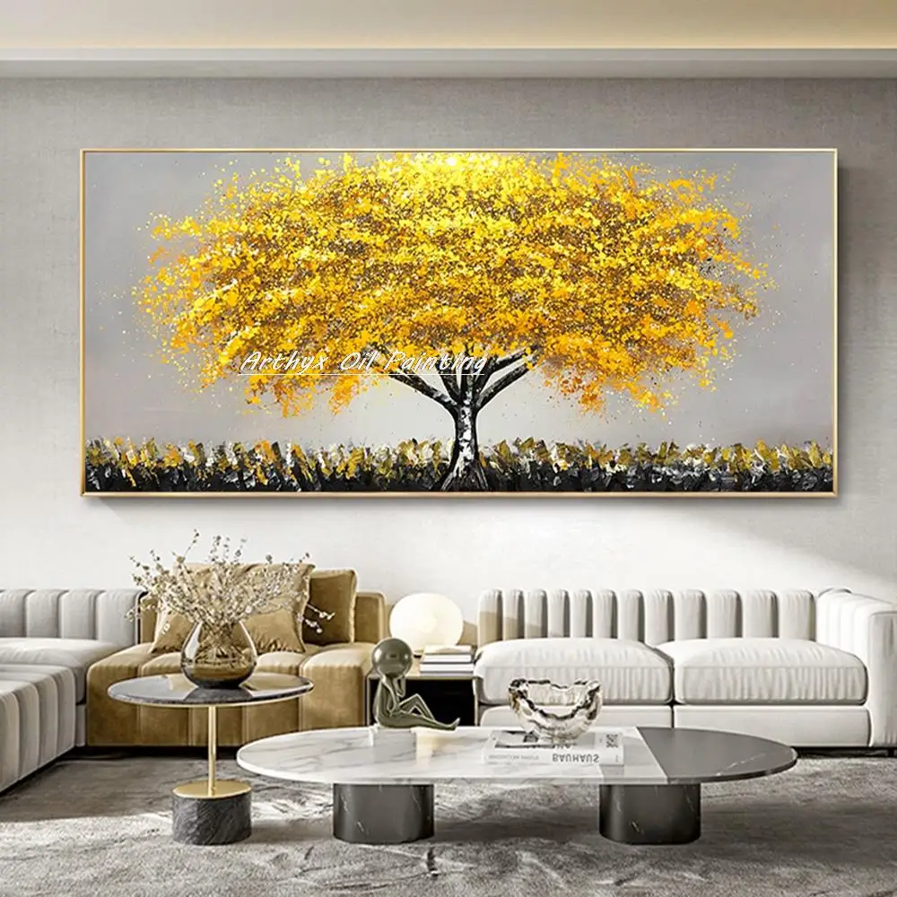 Arthyx Hand Painted Money Tree Oil Painting On Canvas Modern Abstract Landscape Wall Art Picture For Living Room Home Decoration