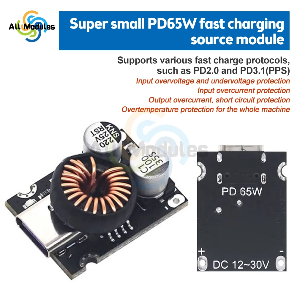 DC-DC Power Buck Module 12-30V to PD2.0/PD3.1 QC3.0 Fast Charging Single USB Charging Converter Board