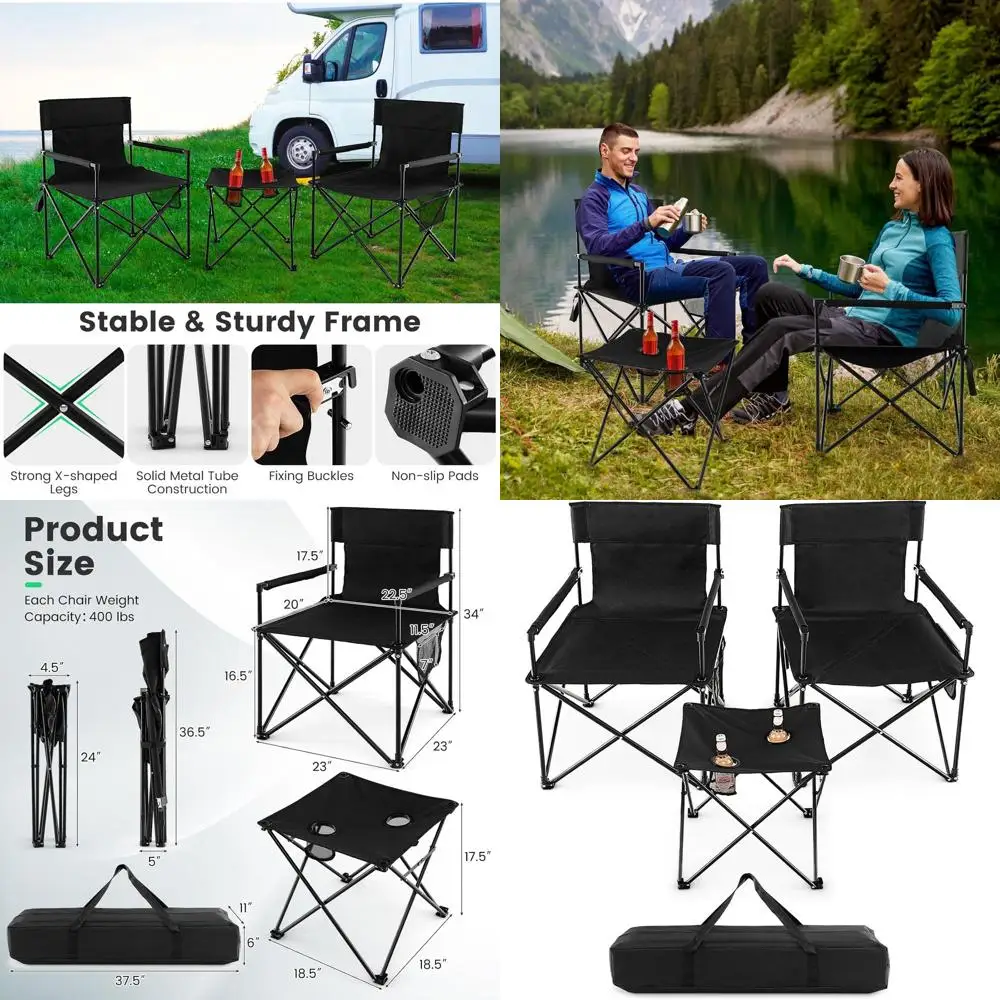 

Набор для кемпинга: 3 складных пляжных кресла с боковым столиком, 2 подставками для кружек, карманами для хранения, сумкой для переноски, выдерживают до 400 фунтов.