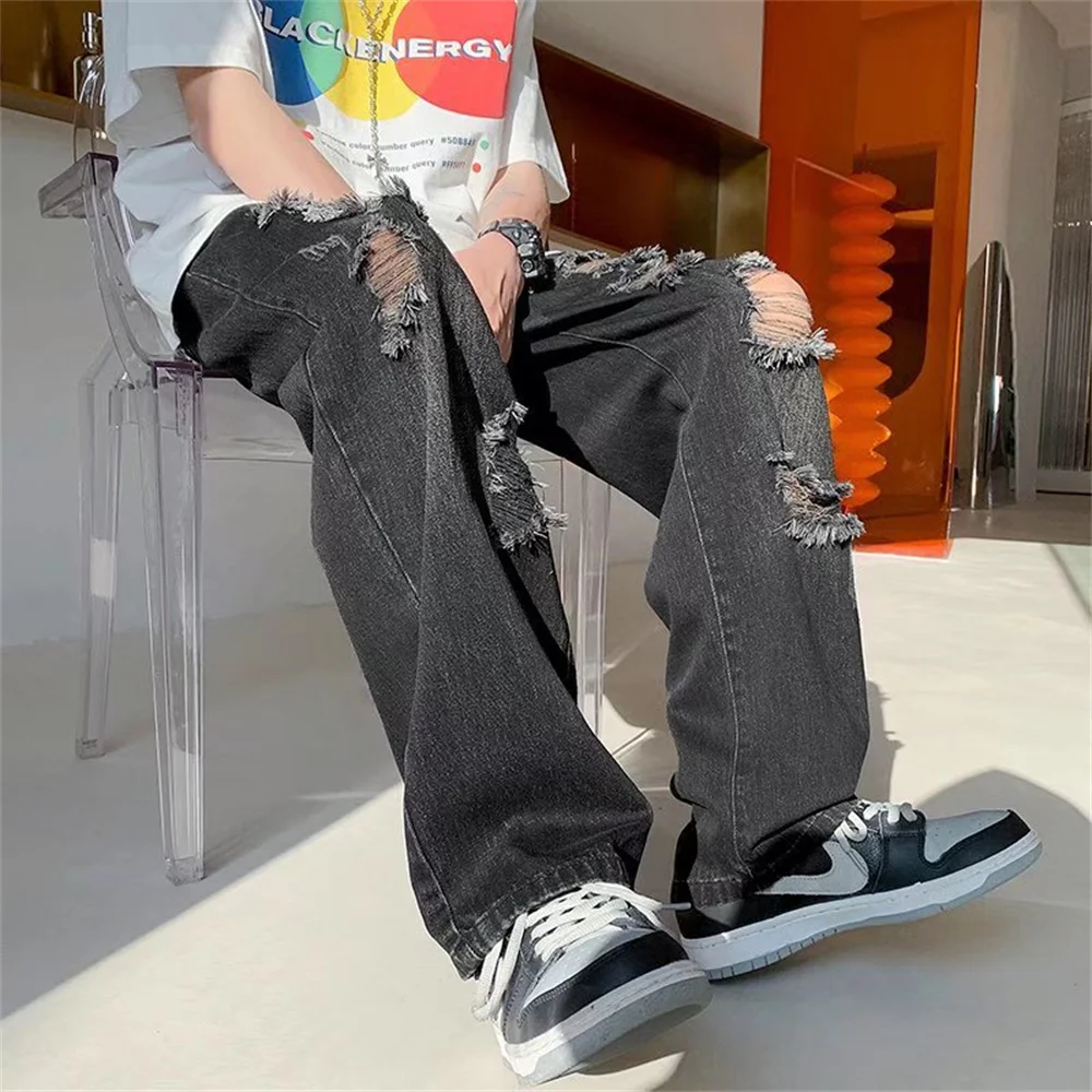 streetwear ripped jean femme baggy denim Jeans for men Man casual wide leg pants Men's jeans Male trousers mens pantalon