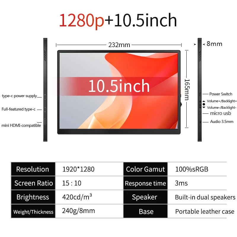 10.5 Cal 1920x1280p FHD przenośny Monitor wyświetlacz 100% sRGB 420 nitów jasności dla Laptop PC Xbox przełącznik Monitor gamingowy PS4/5