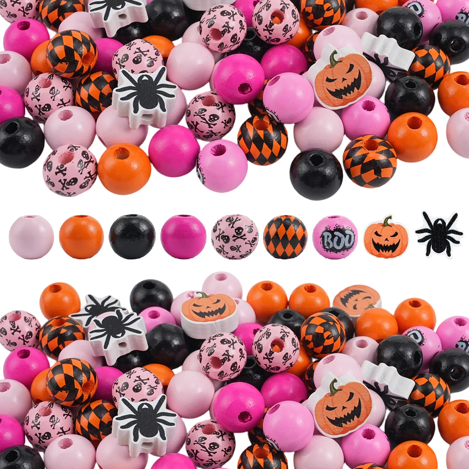 Halloween Mixed Printed Wooden Beads Skull Buffalo Plaid Pumpkin Spider Pattern Round Wood Beads DIY Holiday Garland Jewelry Mak