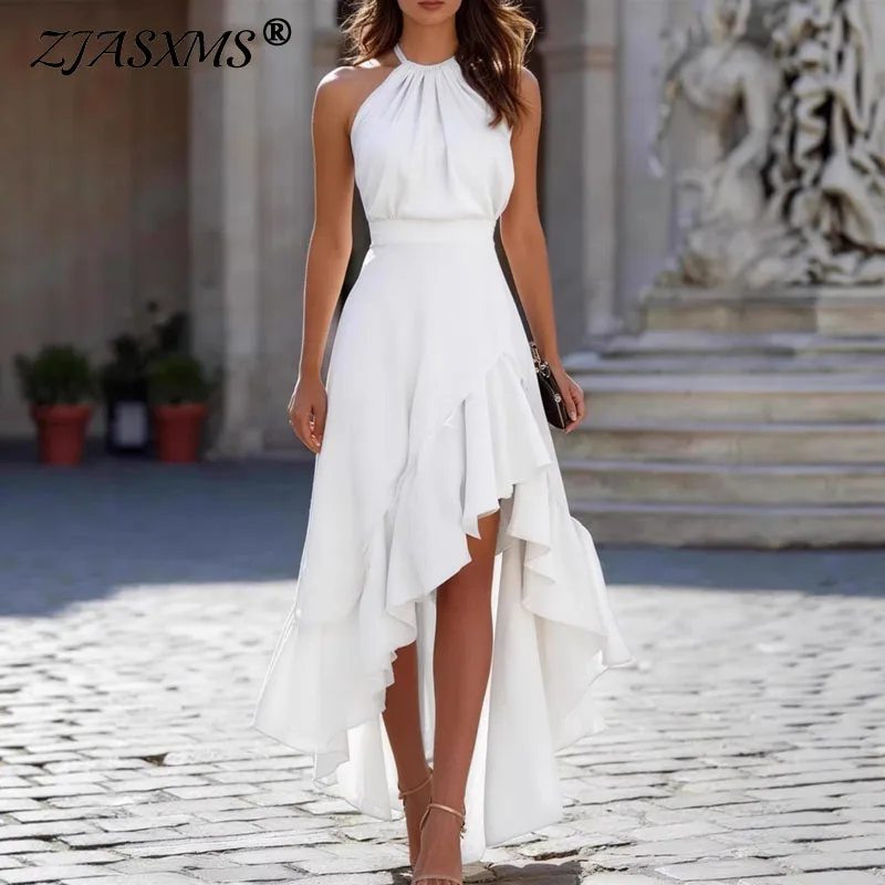 

Women Sexy Halter Ruffles Asymmetrical Dress Summer Sleeveless High Waist Hem A-Line Dress Spring Elegant Solid Party Maxi Dress