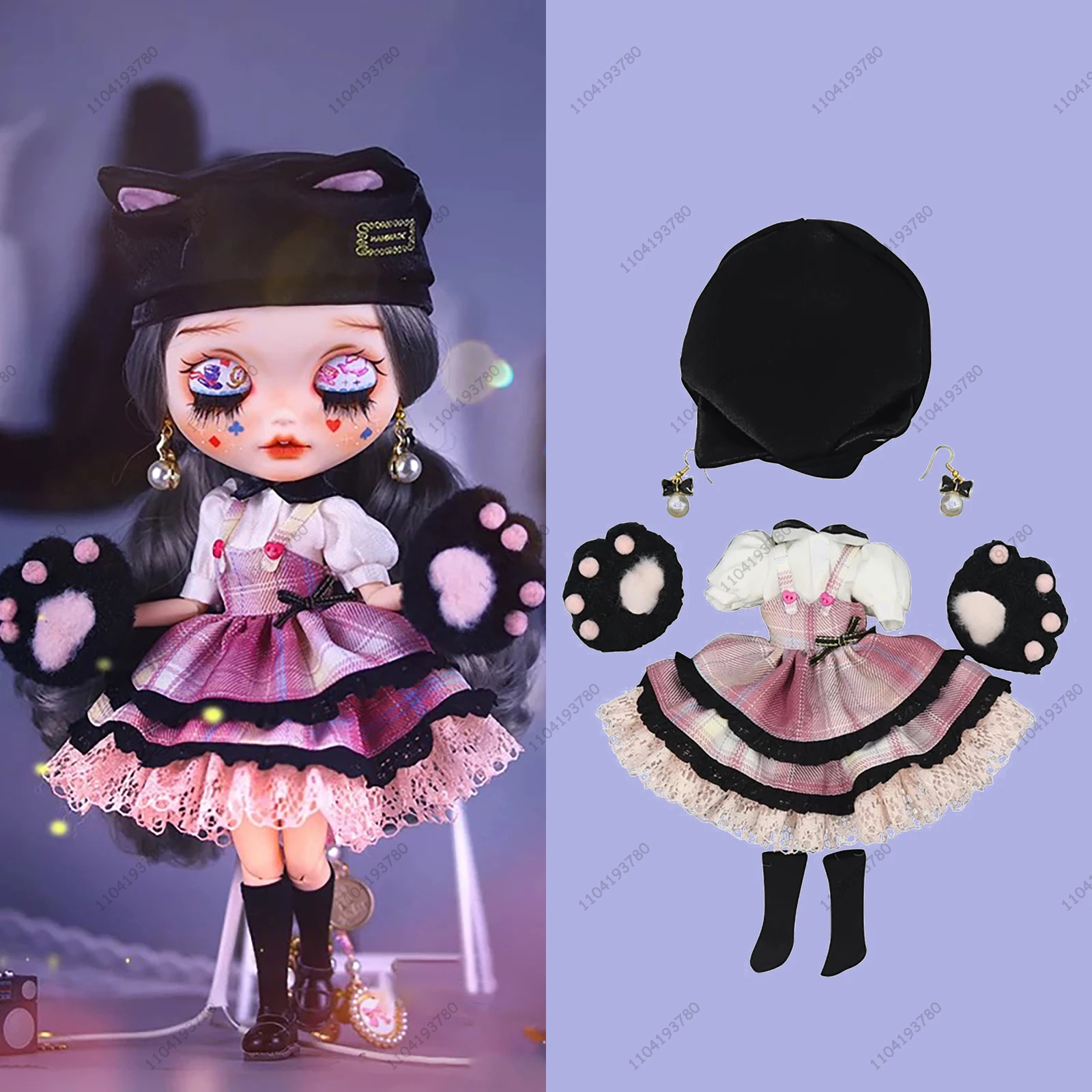 

Blyth Doll 19 Joints Body 30CM 1/6 Doll Clothes Azone Sweet Pink Kitty Cat Plaid Puff skirt Dress Outfit Suit Girl Gift Toy