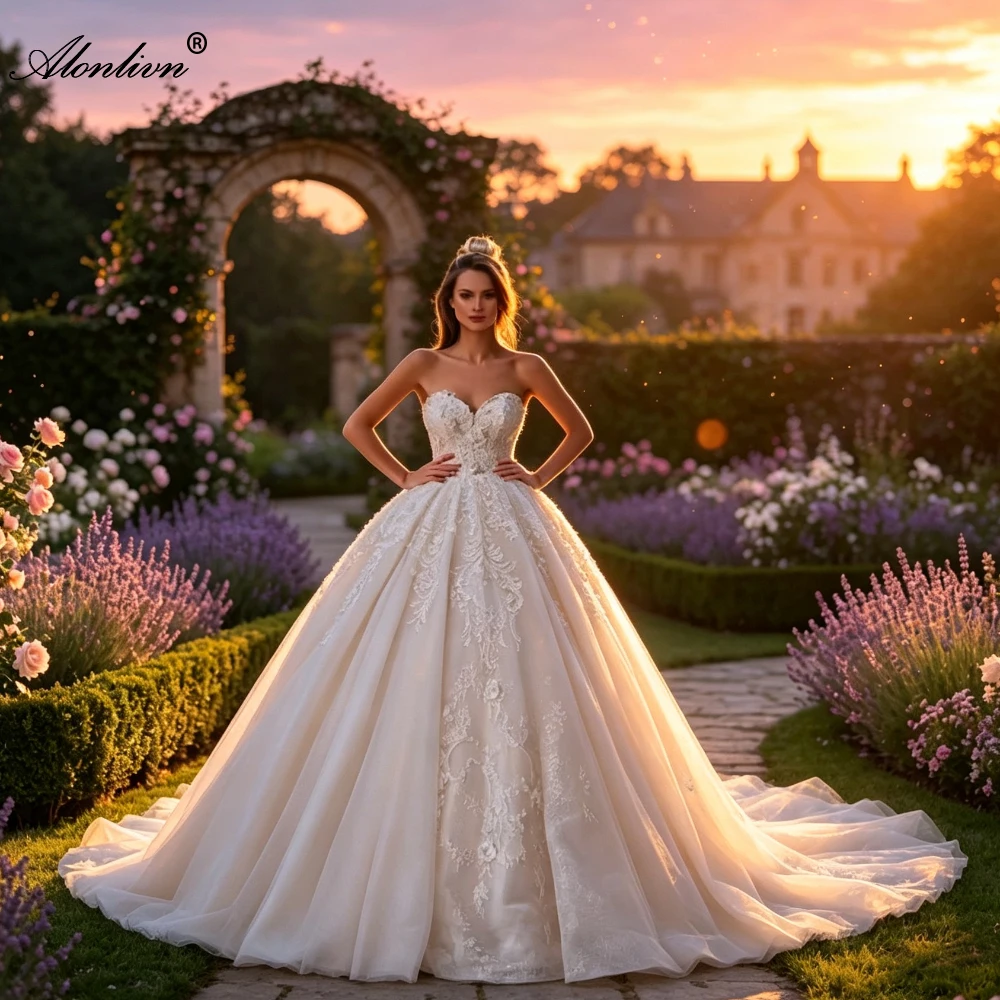 Alonlivn Customize Made New Arrival Ball Gown Vestido de Noiva Romantic Embroidery Wedding Dress With Beading 3D Flowers