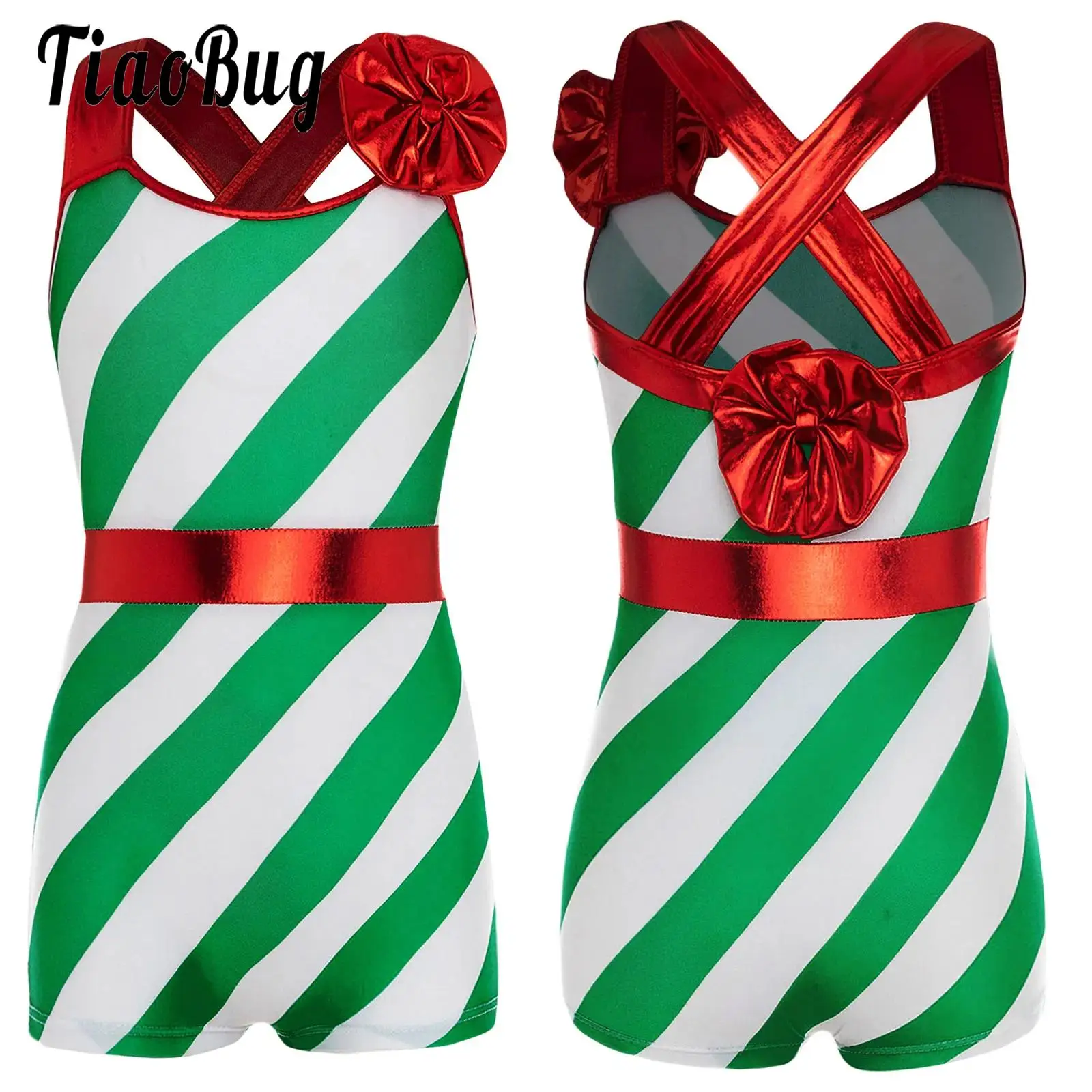 

Girls Leotard Candy Cane Stripe Dance Jumpsuit Performance Costume Christmas Party Sleeveless Rompers Carnival Festival Dresses