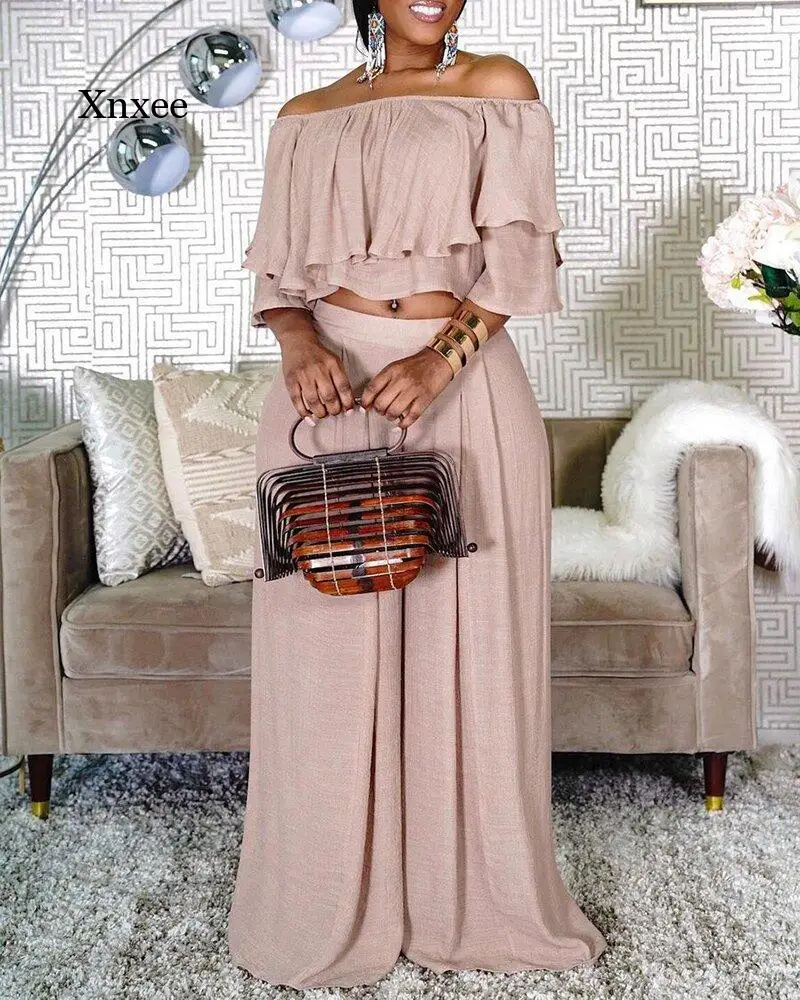 

African Women Sexy Off The Shoulder Top Wide Leg Pant Sets Loose Fashion High Street Female Outfit Matching Sets 5Xl