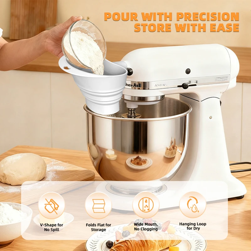 

Foldable Flour Funnel For Kitchen Aid Mixer, Easy Pour No-Mess Attachment, Anti-Splash Accessory, Fits Tilt-Head 4.5–5 Qt