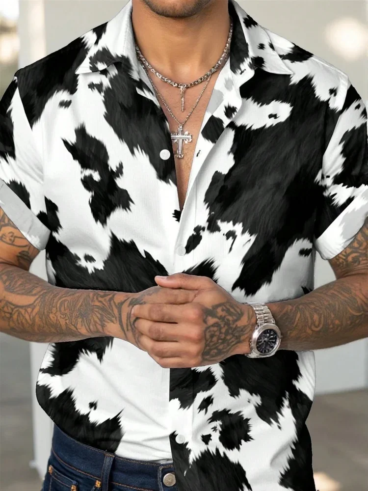 

Винтажная летняя мужская рубашка с принтом под коровью шкуру, дизайнерская одежда для повседневной носки, уличный стиль, топы с коротким рукавом