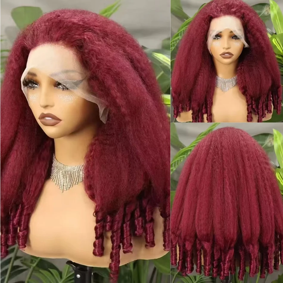 

99j Burgundy Kinky Straight Wig 13x4 HD Transparent Lace Front Wig 20 Inch Pre Plucked Brazilian Human Hair Lace Frontal Wigs