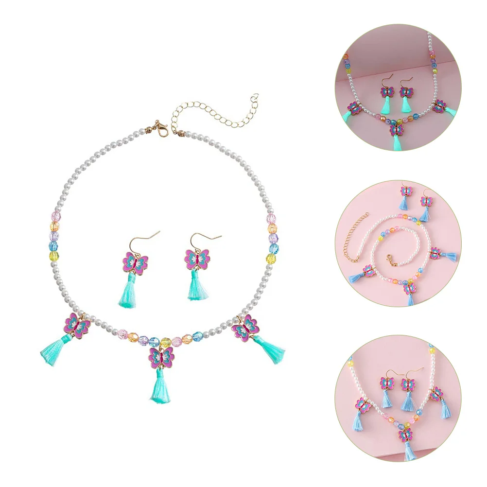 Ensemble de boucles d'oreilles et collier en alliage pour enfants, boucles d'oreilles à pampilles papillons