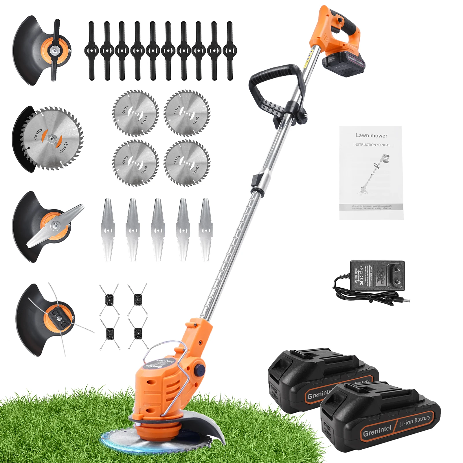 Grenintol 21V snoerloze trimmer, borstelloze grasmaaier, 4.0Ah accu, 4 messen, 2-in-1 gras- en tuingereedschap
