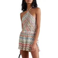 Women Halter Neck Zigzag Print Knit Romper, Sleeveless Backless Multicolor Chevron Jumpsuit, Summer Beach Playsuit - Image 5