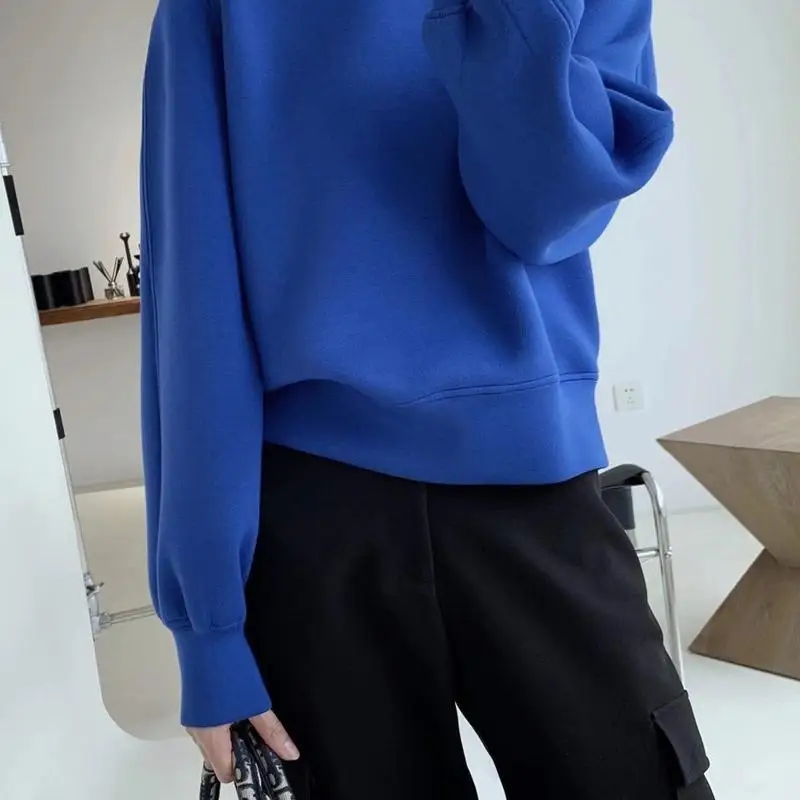 2022 New Korean Style Loose Casual Refined Stylish and Versatile Space Cotton Solid Color Crew Neck Pullover Sweatshirt Women