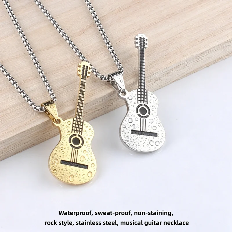 Unisex Guitar Pendant Necklace - Stainless Steel Waterproof Rock Music , Gold/Silver Color, Hypoallergenic Jewelry for Men Women