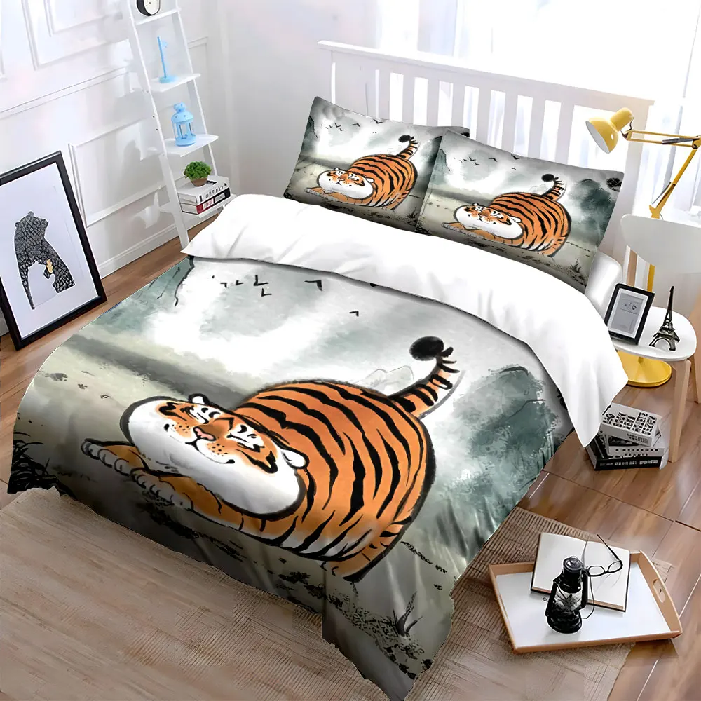 

Cute Tiger Art Decor Set Bedding Set with 1 Duvet Cover 2 Pillowcases Single Double King Queen, Gift