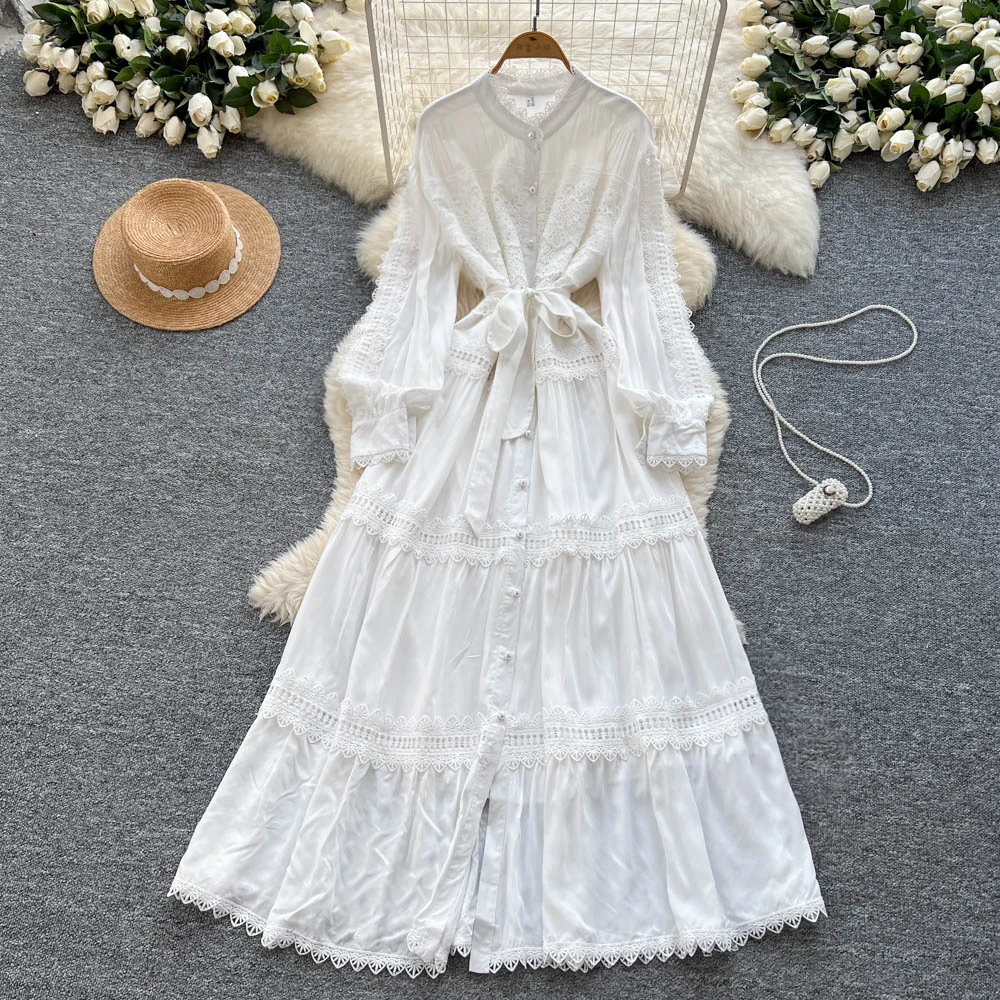 Sexy lange mouw haak bloem holle knop jurk chique vintage avondfeest club vrouwen chique zomer strand lange jurken