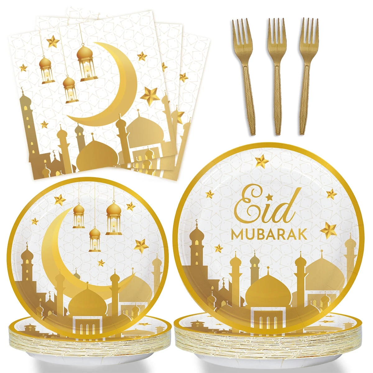 EID Mubarak Disposable Tableware Paper Plates Cup Napkin Ramadan Kareem Decoration For Home 2024 Muslim Islamic Eid Party Supply