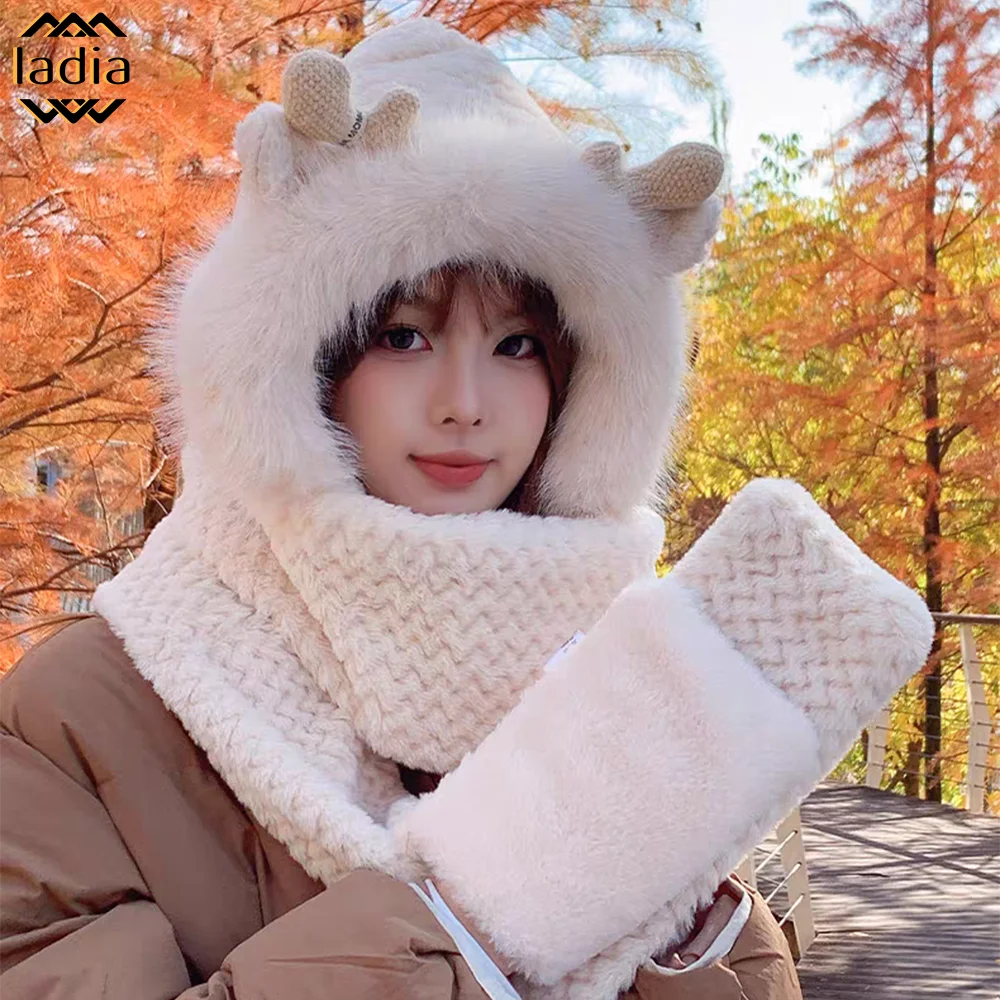 

2024 Windproof Integrated Cap Scarf Warm Thickening Ear Protection Cap Antler Beanie Faux Fur Hat Scarf for Winter Outdoor Women